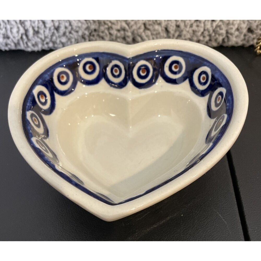 Boleslawiec Polish Art Pottery Heart Shaped Bowls Baker Mold Blue Dots Set Of 2